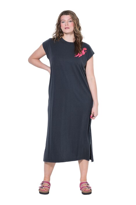 Midi žerzejové šaty, rovný oversized střih, acid wash, potisk