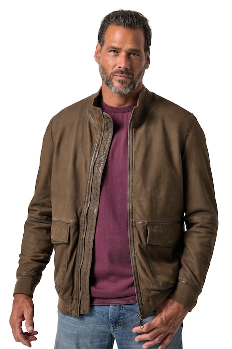 Kožená krátká bunda, kůže, jehněčí velur, zip, do 7 XL