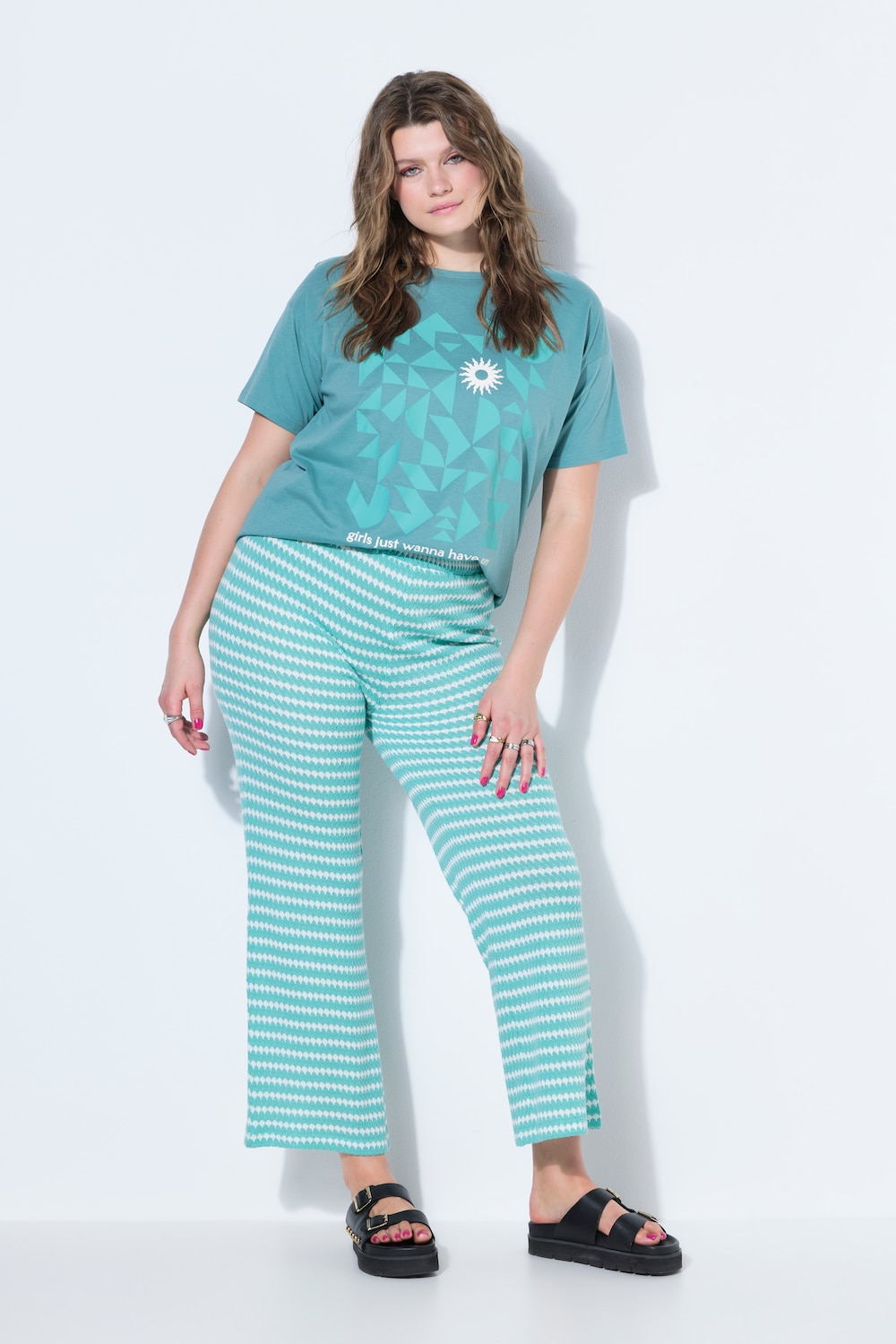 Broek, wijde pijpen, structuur en strepen, elastische tailleband