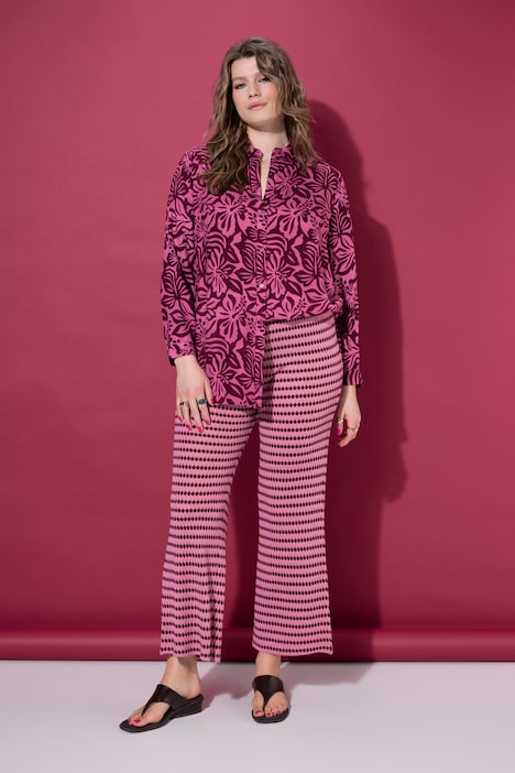 Broek, wijde pijpen, structuur en strepen, elastische tailleband