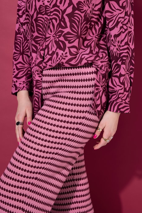 Broek, wijde pijpen, structuur en strepen, elastische tailleband