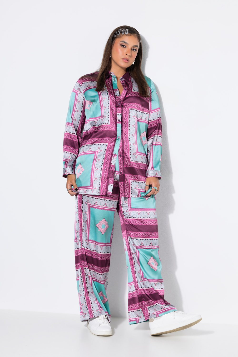 Hose, Wide Legs, Satin, Tuch-Print, Elastikbund