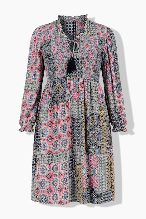 Midikleid, Patchdruck, A-Linie, Tunika-Ausschnitt
