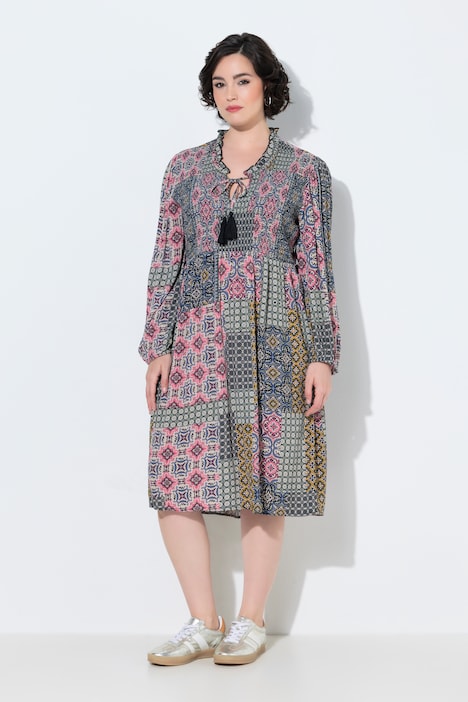 Midikleid, Patchdruck, A-Linie, Tunika-Ausschnitt