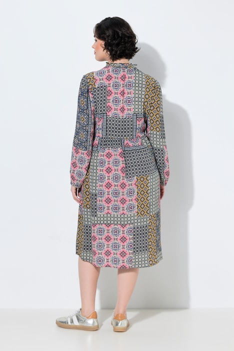 Midikleid, Patchdruck, A-Linie, Tunika-Ausschnitt