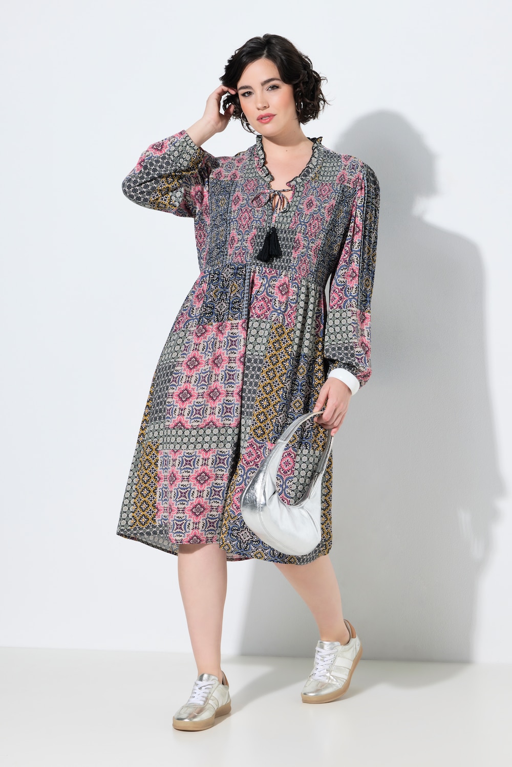 Midikleid, Patchdruck, A-Linie, Tunika-Ausschnitt 3/4-Arm