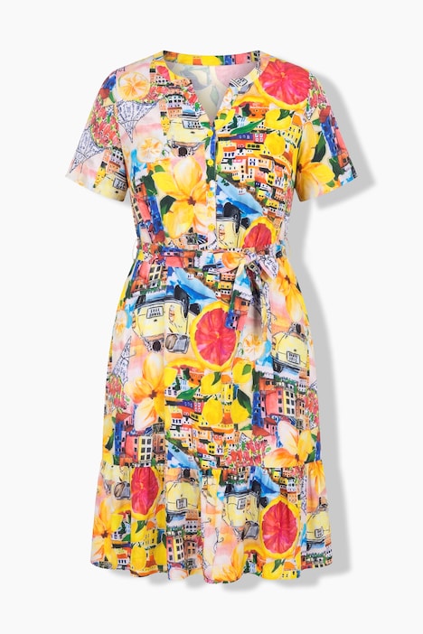 Vestido, corte evasé, estampado completo, cinta para anudar en la cintura