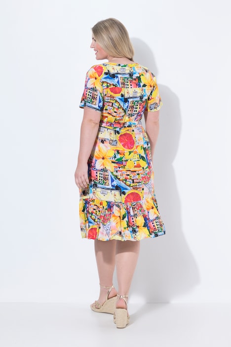 Vestido, corte evasé, estampado completo, cinta para anudar en la cintura