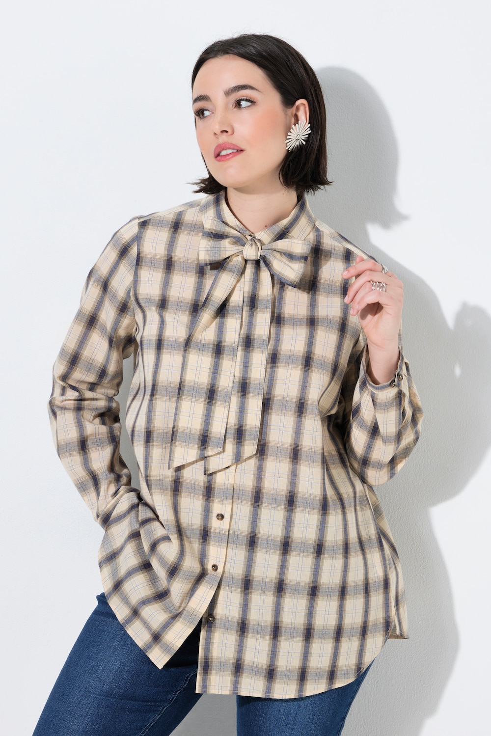 Bluse, Karo, abnehmbare Schluppe, Hemdkragen, Langarm