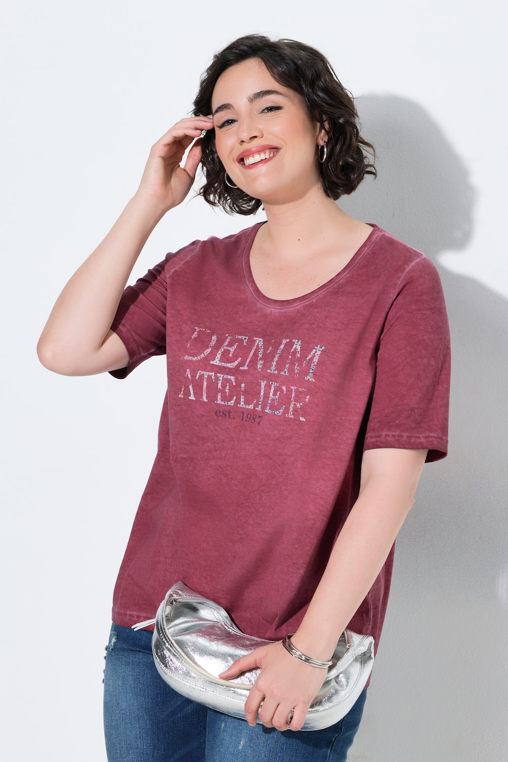 T-Shirt, Schriftmotiv, A-Linie, Rundhals, Halbarm