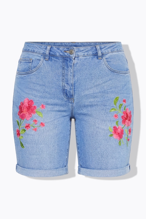 Short en jean 5 poches, jambe large et fleurs brodées
