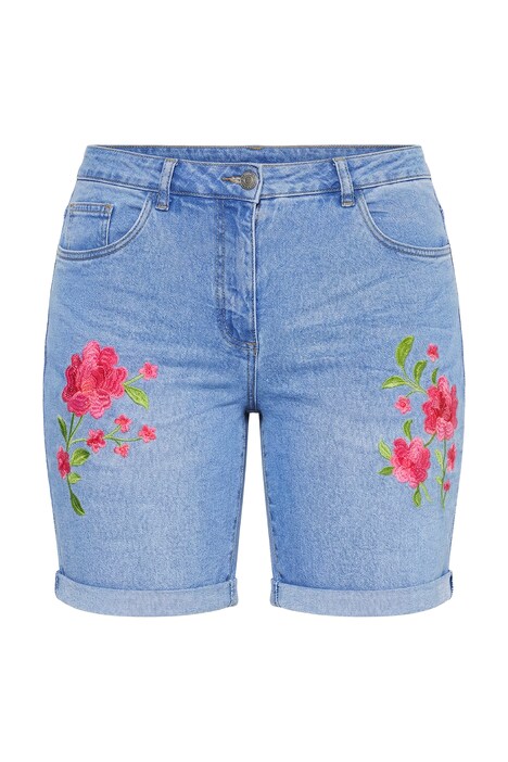 Džínové kraťasy, široké nohavice, květinová výšivka, 5 kapes