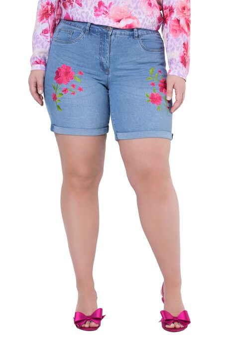 Džínové kraťasy, široké nohavice, květinová výšivka, 5 kapes