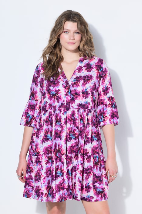 Kleid, A-Line, Flower-Print, Volants