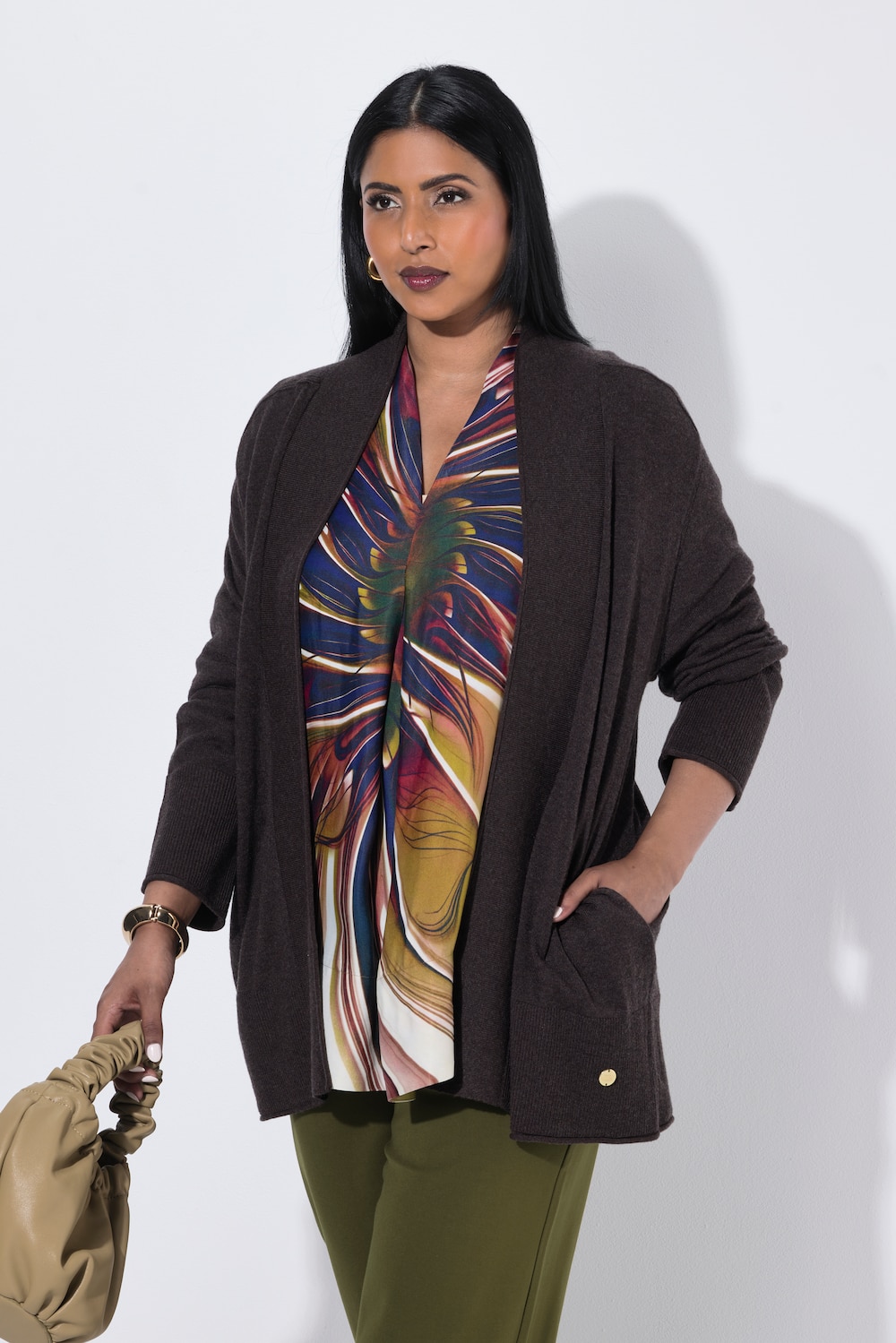 Strickjacke, Wollmix, Rollkanten, Langarm