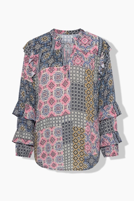 Bluse, Rüschen, A-Linie, Rundhals, Langarm