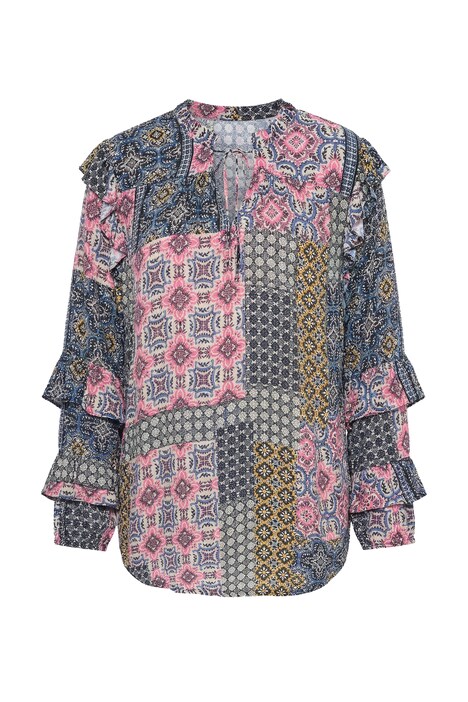 Bluse, Rüschen, A-Linie, Rundhals, Langarm