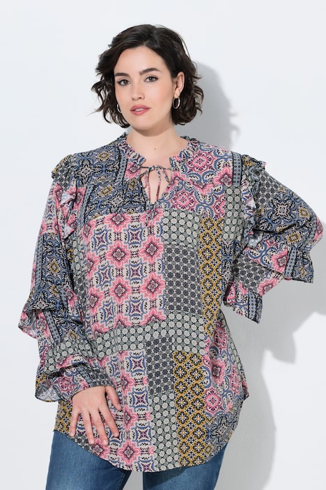 Bluse, Rüschen, A-Linie, Rundhals, Langarm