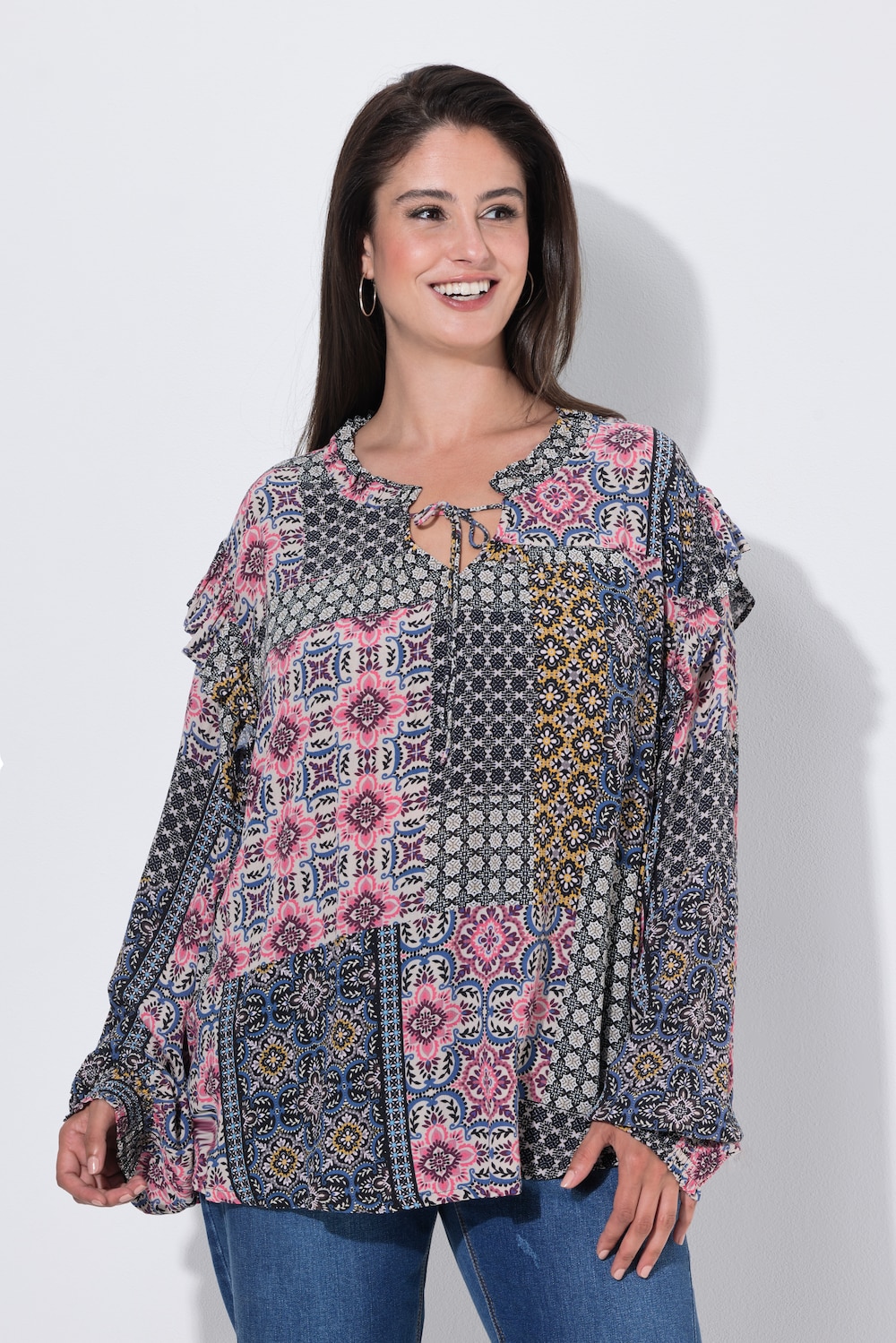 Bluse, Rüschen, A-Linie, Rundhals, Langarm