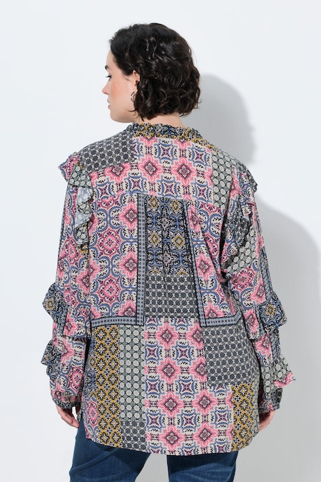Bluse, Rüschen, A-Linie, Rundhals, Langarm