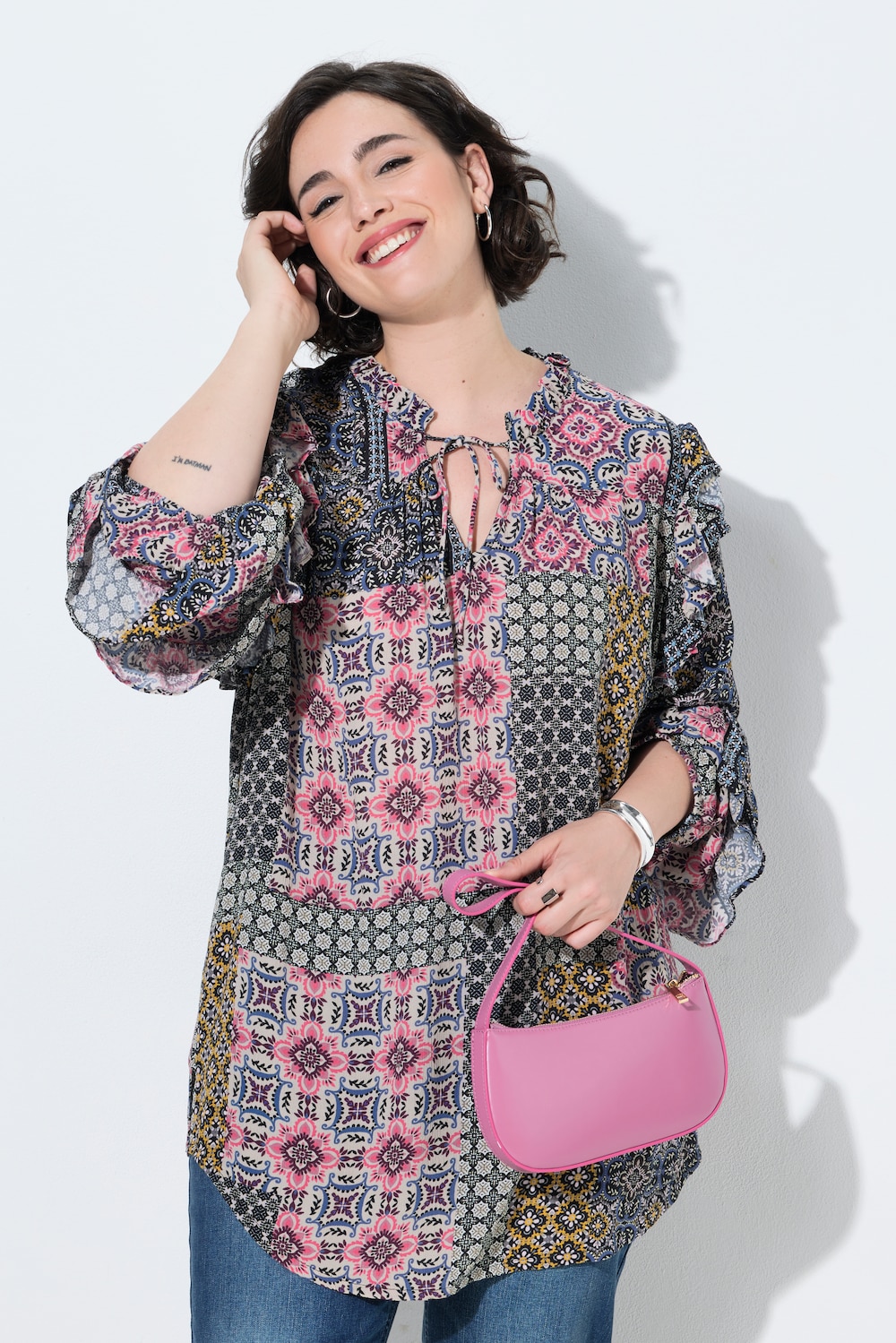 Bluse, Rüschen, A-Linie, Rundhals, Langarm