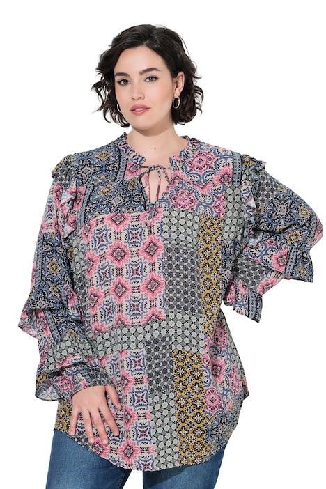 Bluse, Rüschen, A-Linie, Rundhals, Langarm