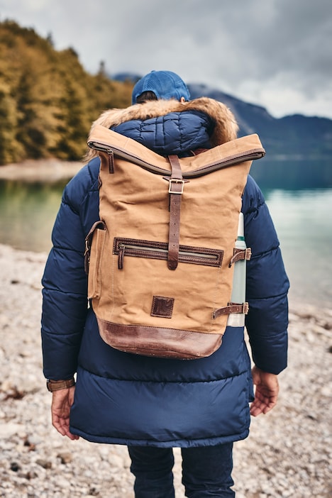 Sac à dos déperlant, en toile cirée et cuir végétal