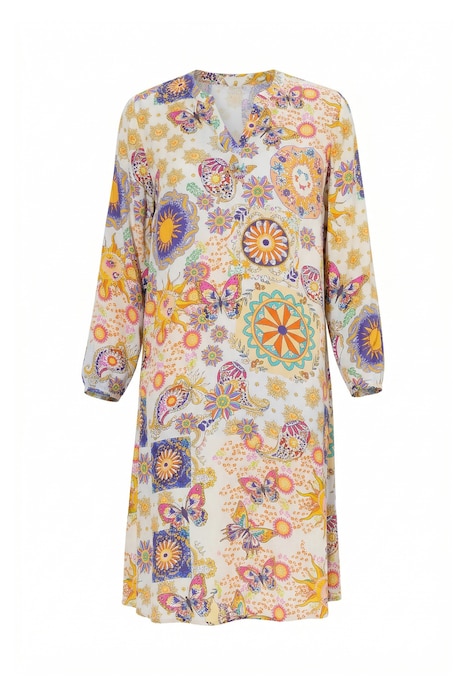 Midi šaty, áčkový střih, celoplošný vzor, dlouhé rukávy