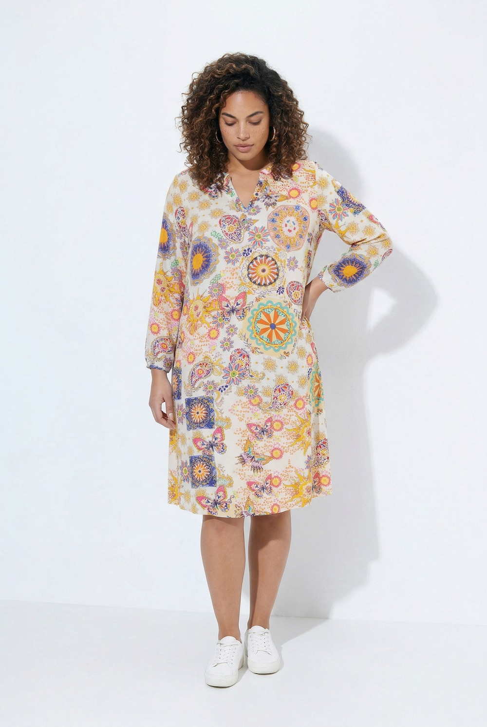 Midikleid, A-Linie, Allover-Muster, Langarm