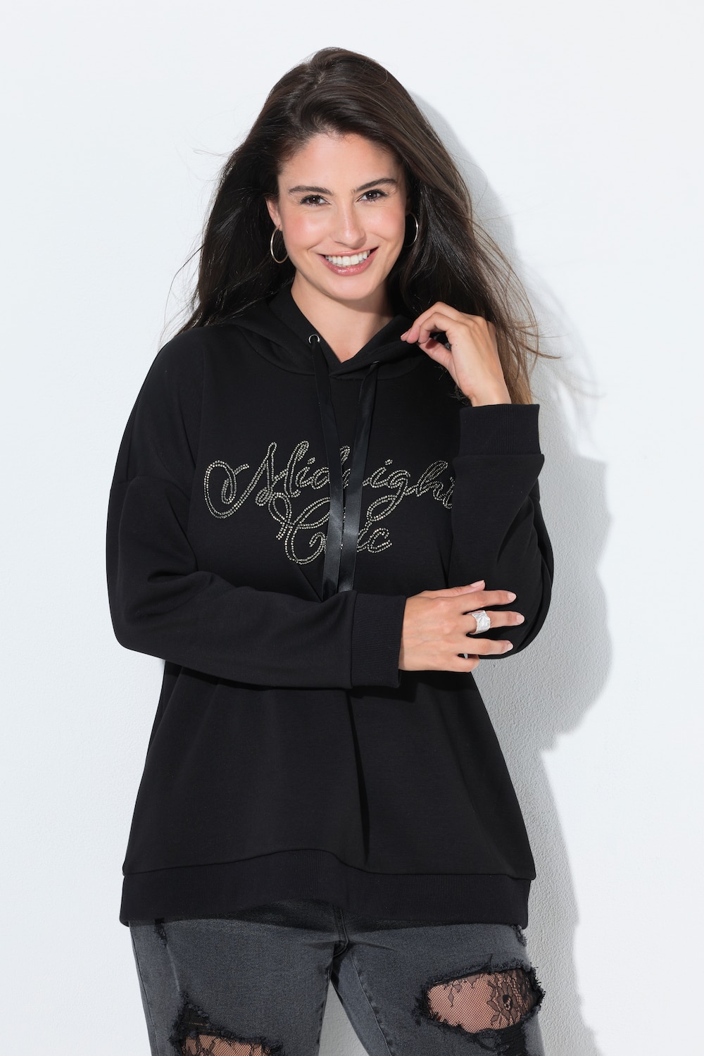 Hoodie, Perlen-Schriftzug, Kapuze, Langarm