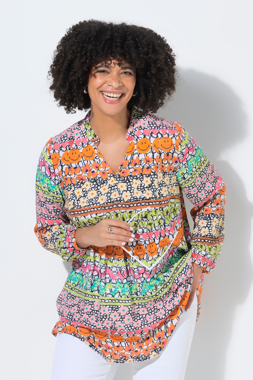 Blouse, A-lijn, smiley/bloem-motief, lange mouw