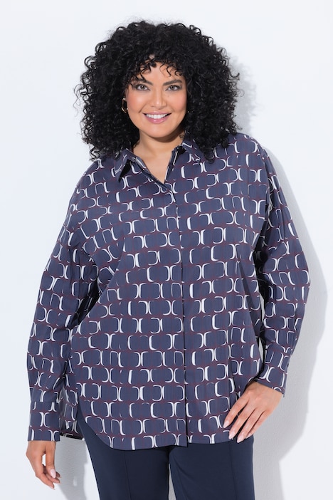 Chemisier imprimé graphique, col chemise et manches longues