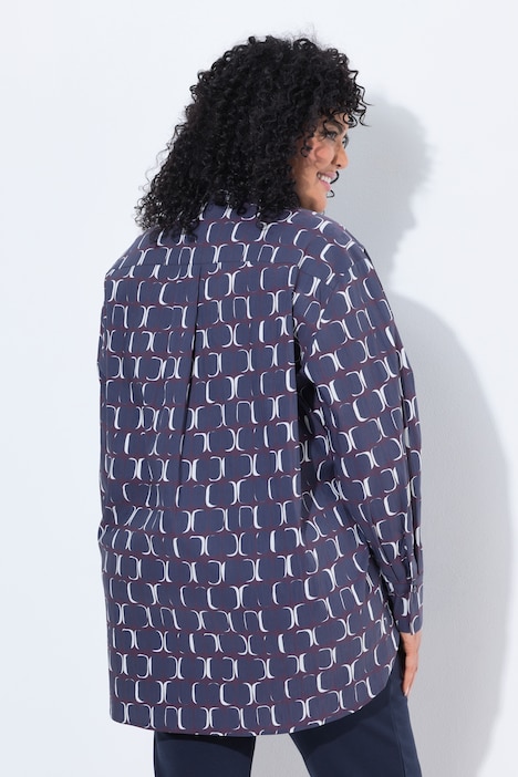 Chemisier imprimé graphique, col chemise et manches longues