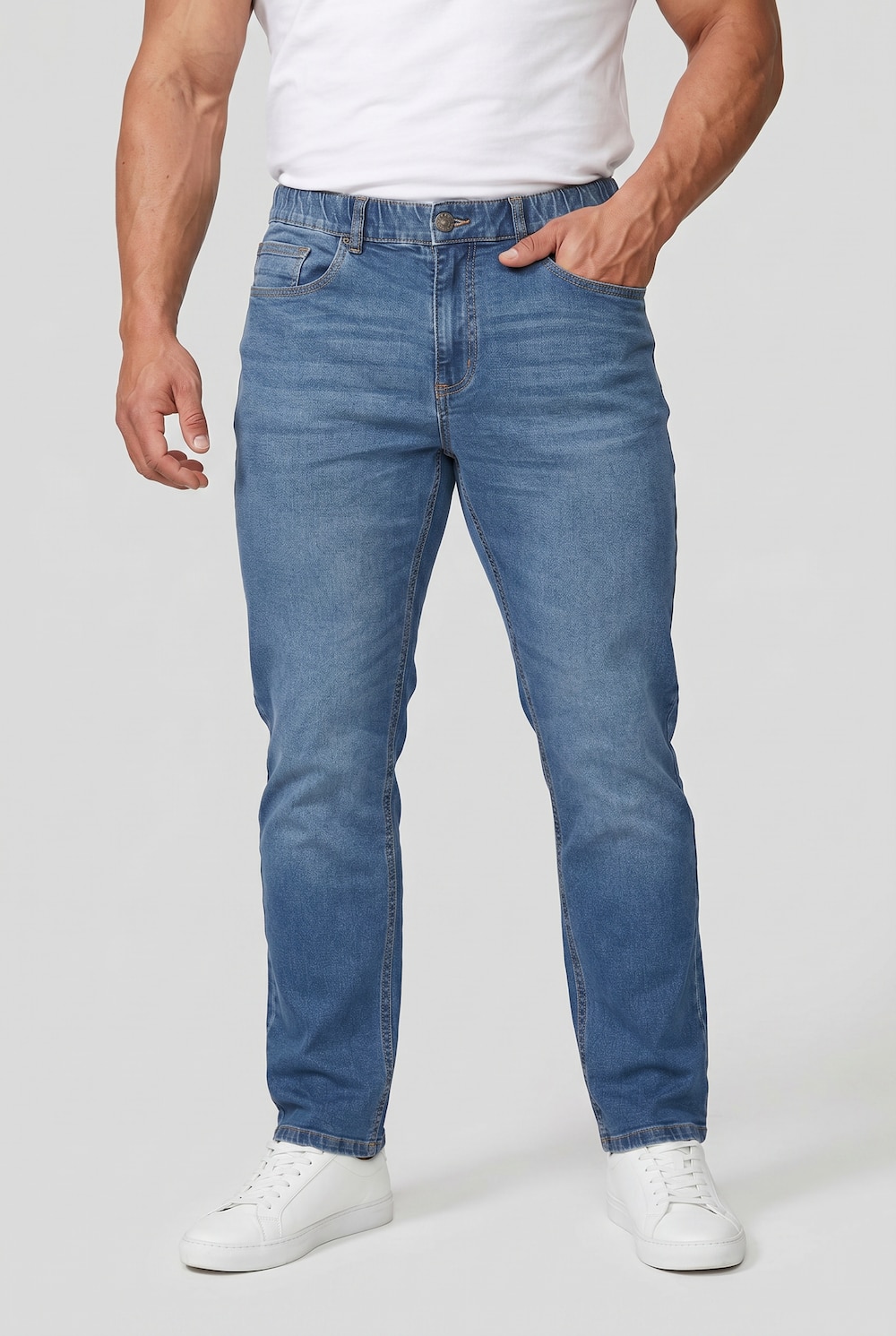 Jeans buik-fit, regular fit, 5-pocket, elastische tailleband, tot 72