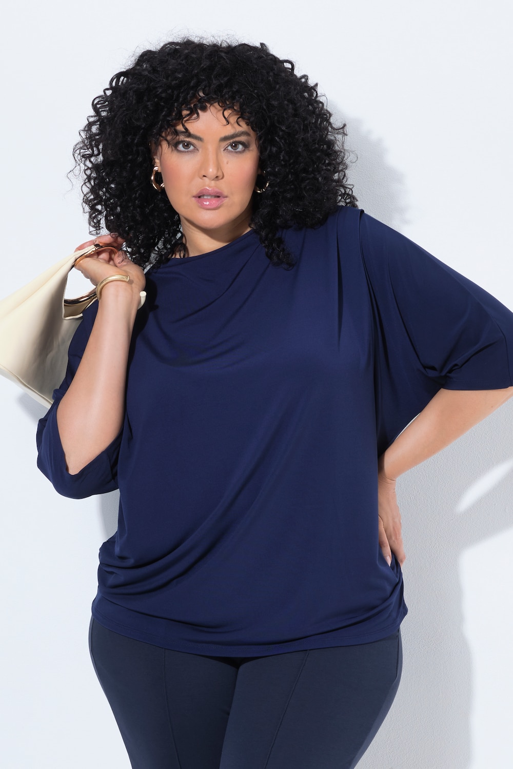 Jersey-Pullover, Zierfalten, Stehkragen, Halbarm