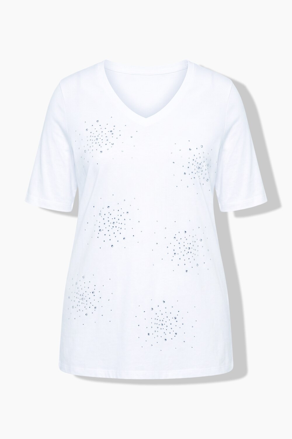 Stora storlekar T-shirt i A-linjemodell med glitterstenar och kort ärm, Dam, vit, storlek: 42, Bomull, Mia Moda