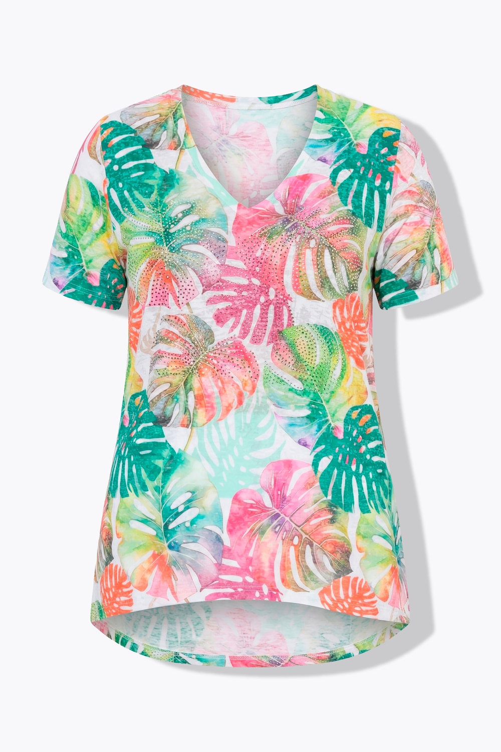 Stora storlekar T-shirt i A-linjemodell med djungelbladsmönster, Dam, vit, storlek: 56, Polyester/Viskos, Mia Moda
