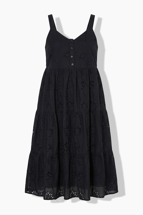 Midi-Trägerkleid, A-Linie, Lochstickerei, Volants