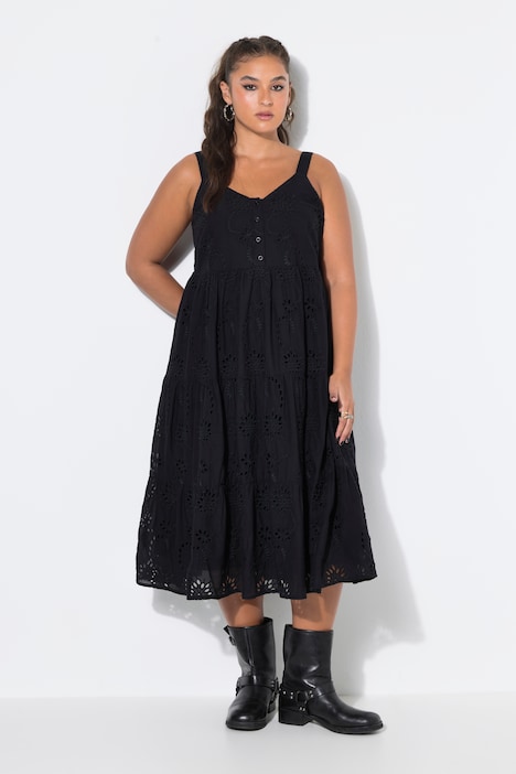 Midi-Trägerkleid, A-Linie, Lochstickerei, Volants