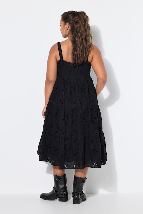 Midi-Trägerkleid, A-Linie, Lochstickerei, Volants