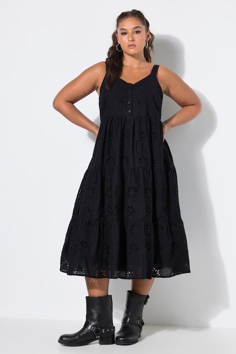 Midi-Trägerkleid, A-Linie, Lochstickerei, Volants