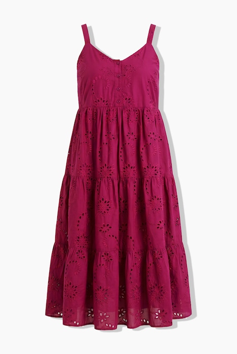 Midi-Trägerkleid, A-Linie, Lochstickerei, Volants