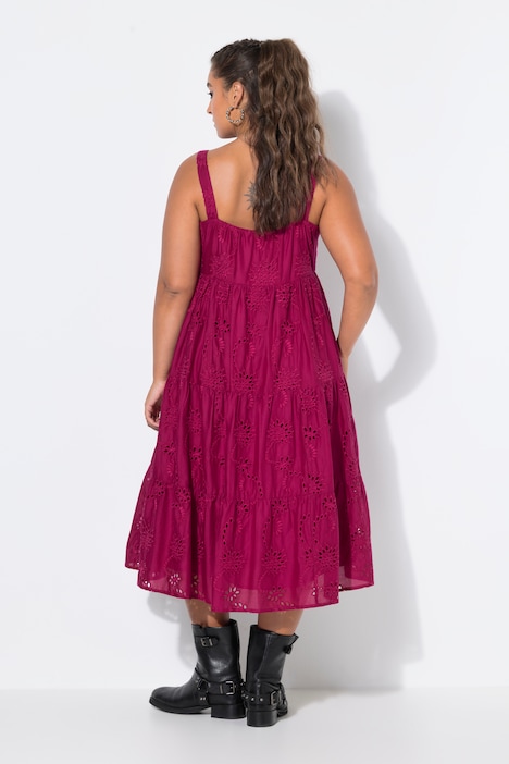 Midi-Trägerkleid, A-Linie, Lochstickerei, Volants