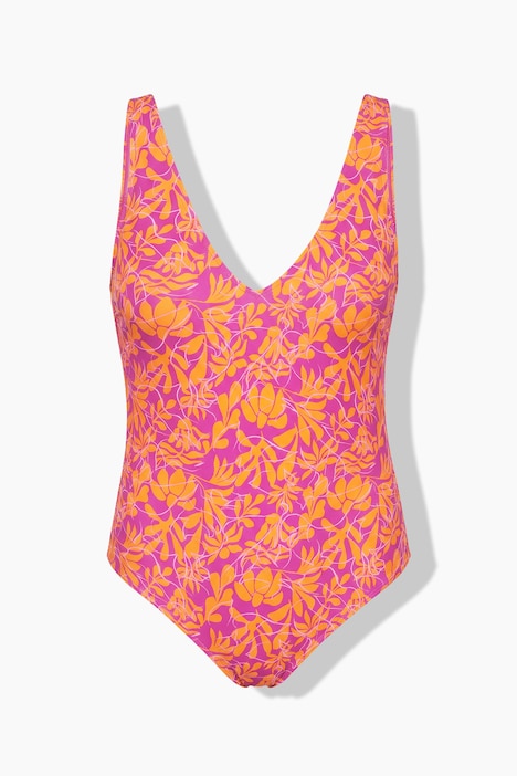 Zwempak, neon bloemen, softcups, rug met V-uitsnede