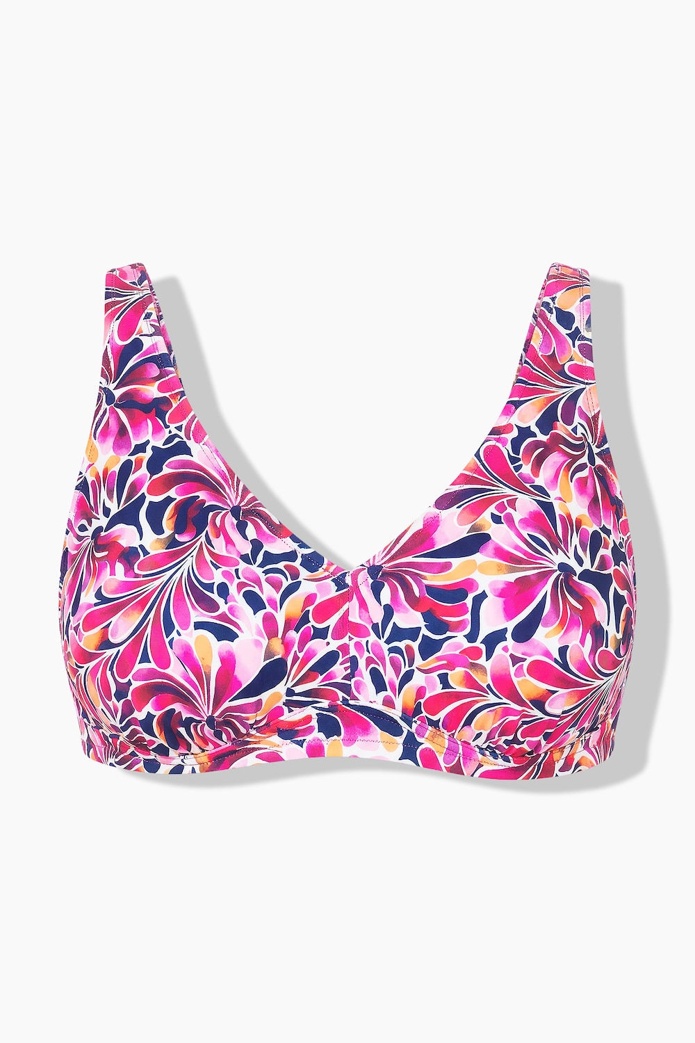 Stora storlekar Bikiniöverdel med mjuka kupor och blommor V-ringning, Dam, blå, storlek: 52, Polyester/Syntetfibrer/Elastan, Studio Untold