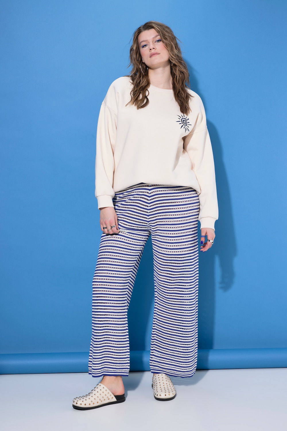 Hose, Wide Legs, Ringel und Struktur, Elastikbund