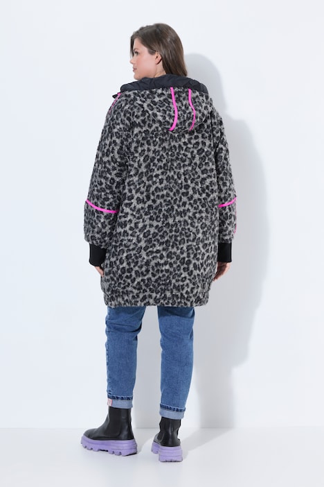 Boucle-uldlook-jakke, oversize , hætte
