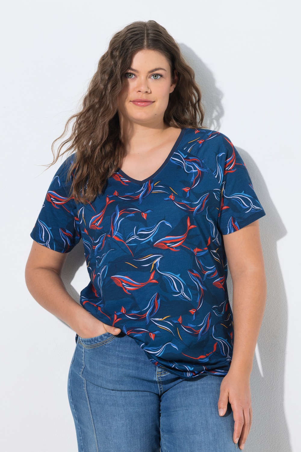 Shirt, V-Ausschnitt, 1/2 Arm, Allover Print, OEKO-TEX