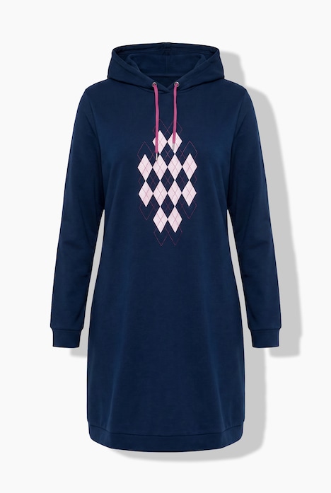 Loungewear-Kleid, Rhomenmotiv, Kapuze, Langarm