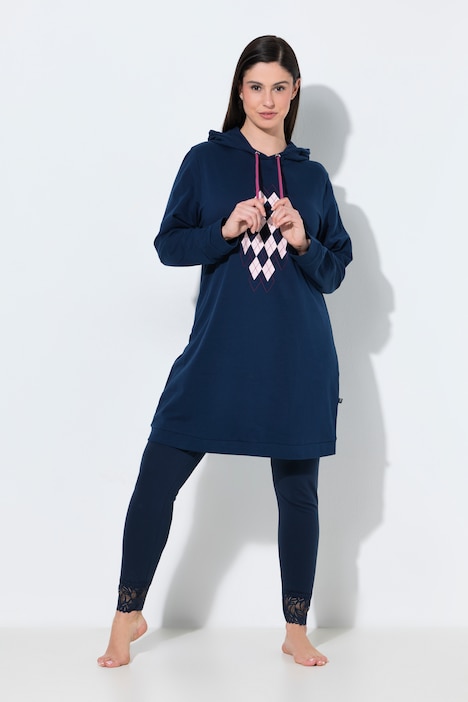 Loungewear-Kleid, Rhomenmotiv, Kapuze, Langarm